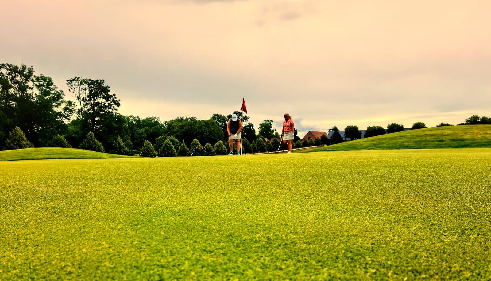 Two golfers on a lush fairway under clear sky