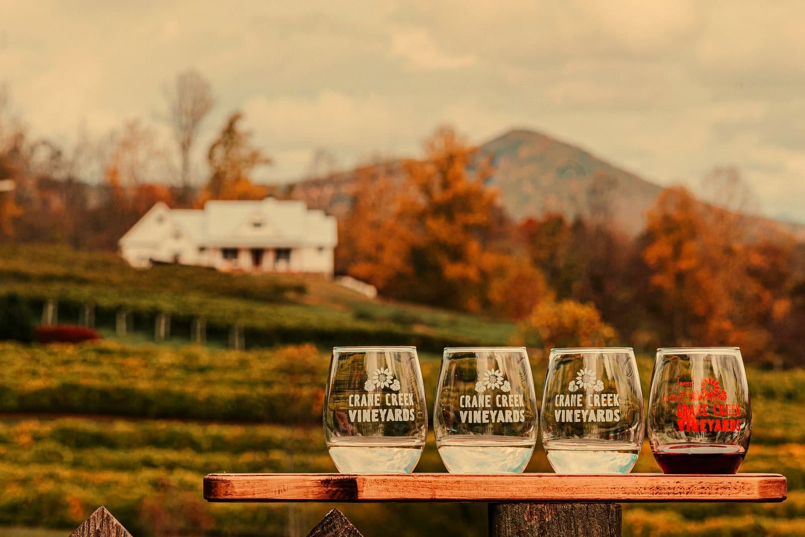 Crystal glasses of wine placed on wooden table near vineyards located in mountainous countryside against cloudy sky on a