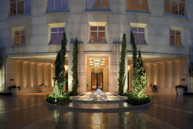 backlit fountain outside of Ritz Carlton hotel in Dallas